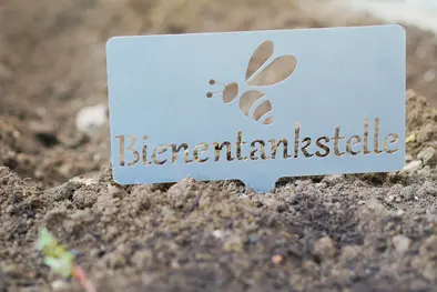 Flower bed with a sign reading “Bee Refueling Station”