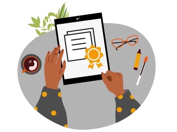A person is looking at a tablet on which a certificate can be seen