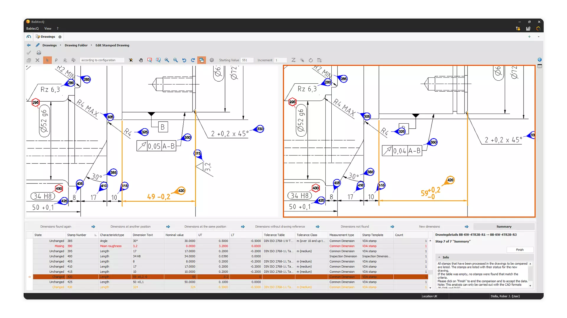 Screenshot: Drawing dimension comparison in CAD integration
