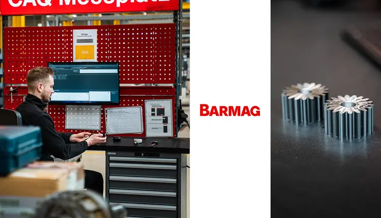 Case Study: Barmag GmbH & Co. KG Employee performing production inspection with Babtec software and precision components at Barmag GmbH & Co. KG