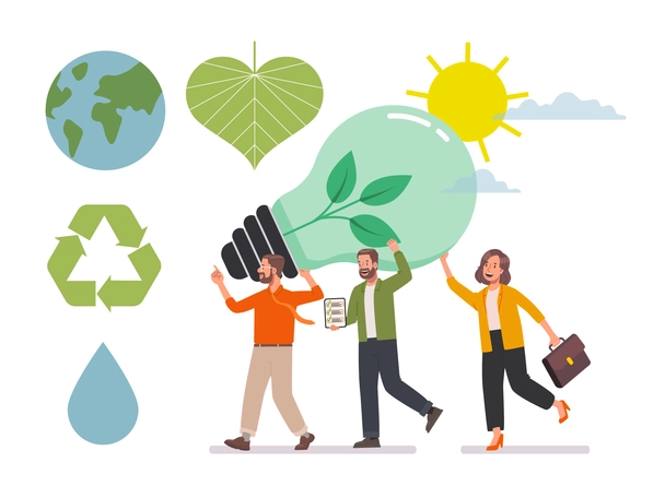 Several people next to environmental symbols