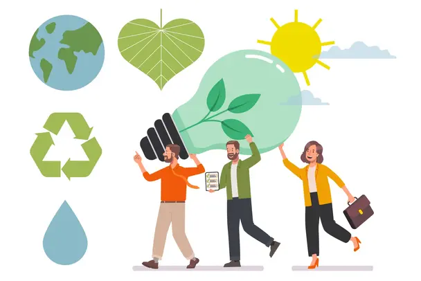 Several people next to environmental symbols