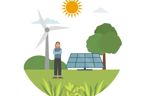 Various aspects of the energy management systems A person, plants and renewable energies symbolizing the energy management system
