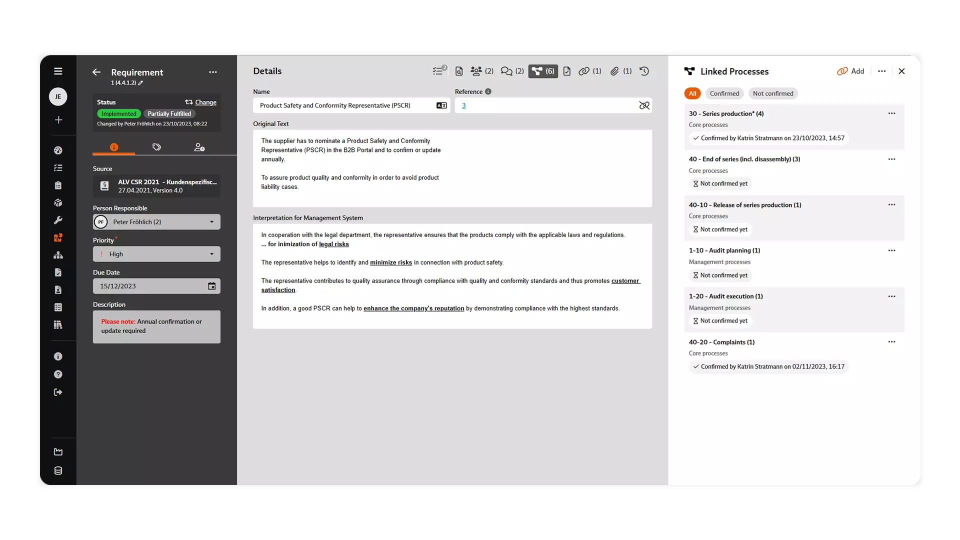 Screenshot: Linked processes of a documented requirement