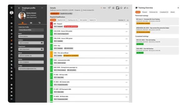 Screenshot of qualification and training management in BabtecQ: Employee profile