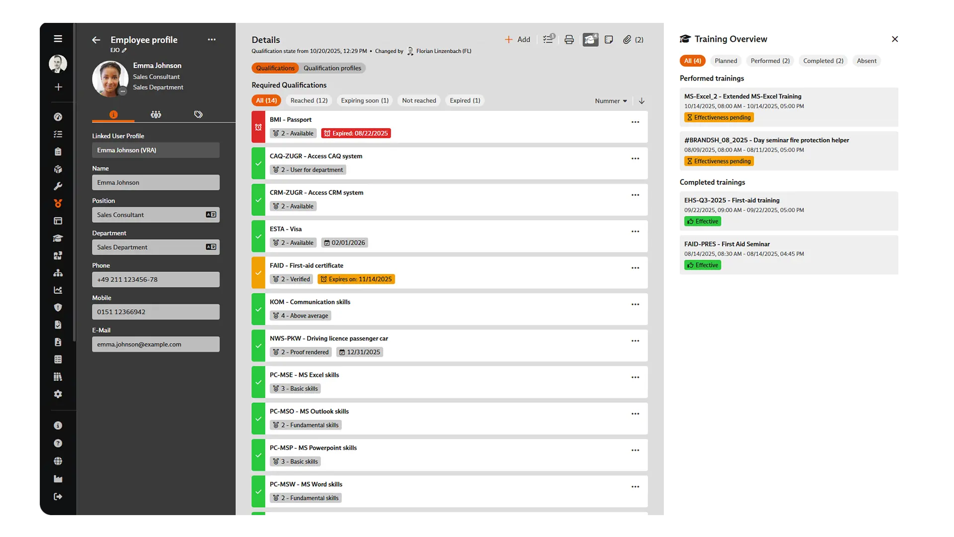 Screenshot of qualification and training management in BabtecQ: Employee profile