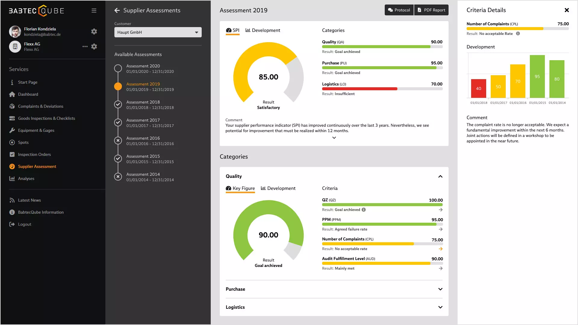 Screenshot: Supplier assessment in BabtecQube