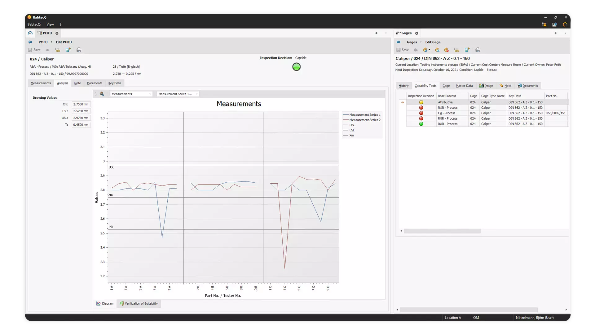 Screenshot: Test equipment capability study (PFMU) in BabtecQ