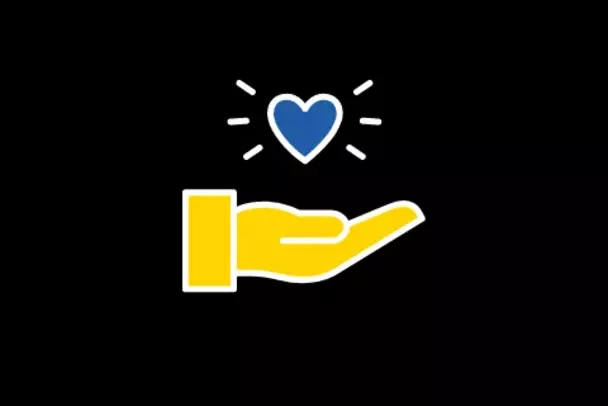 #standwithukraine Ukraine fundraiser from Babtec A yellow hand holds a blue heart, with the hashtag #standwithukraine underneath