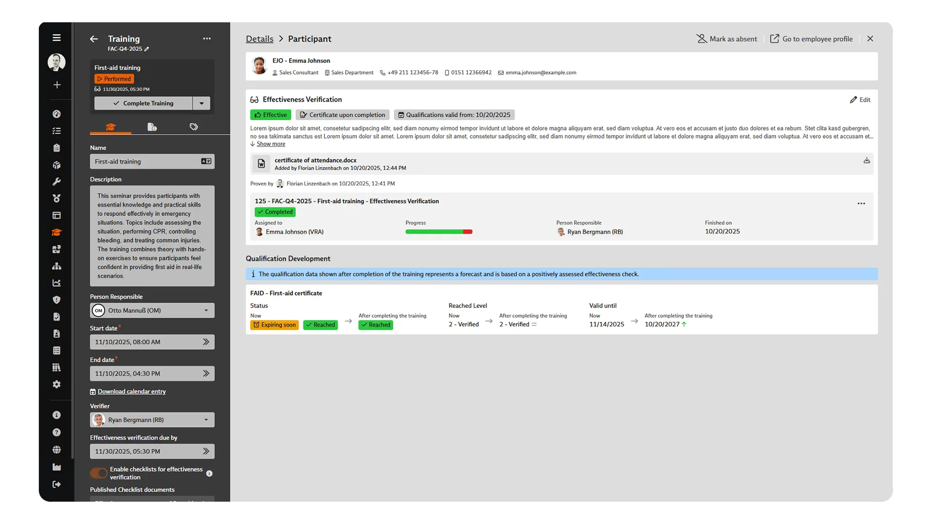 Screenshot of qualification and training management in BabtecQ: Training course - Participant details