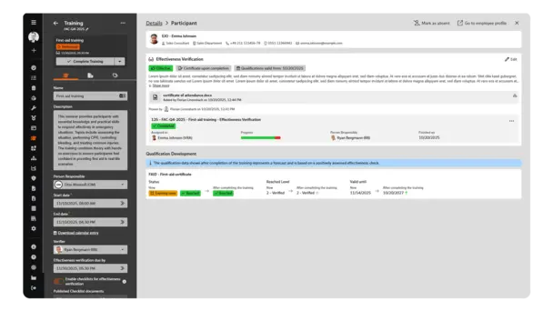Screenshot of qualification and training management in BabtecQ: Training course - Participant details