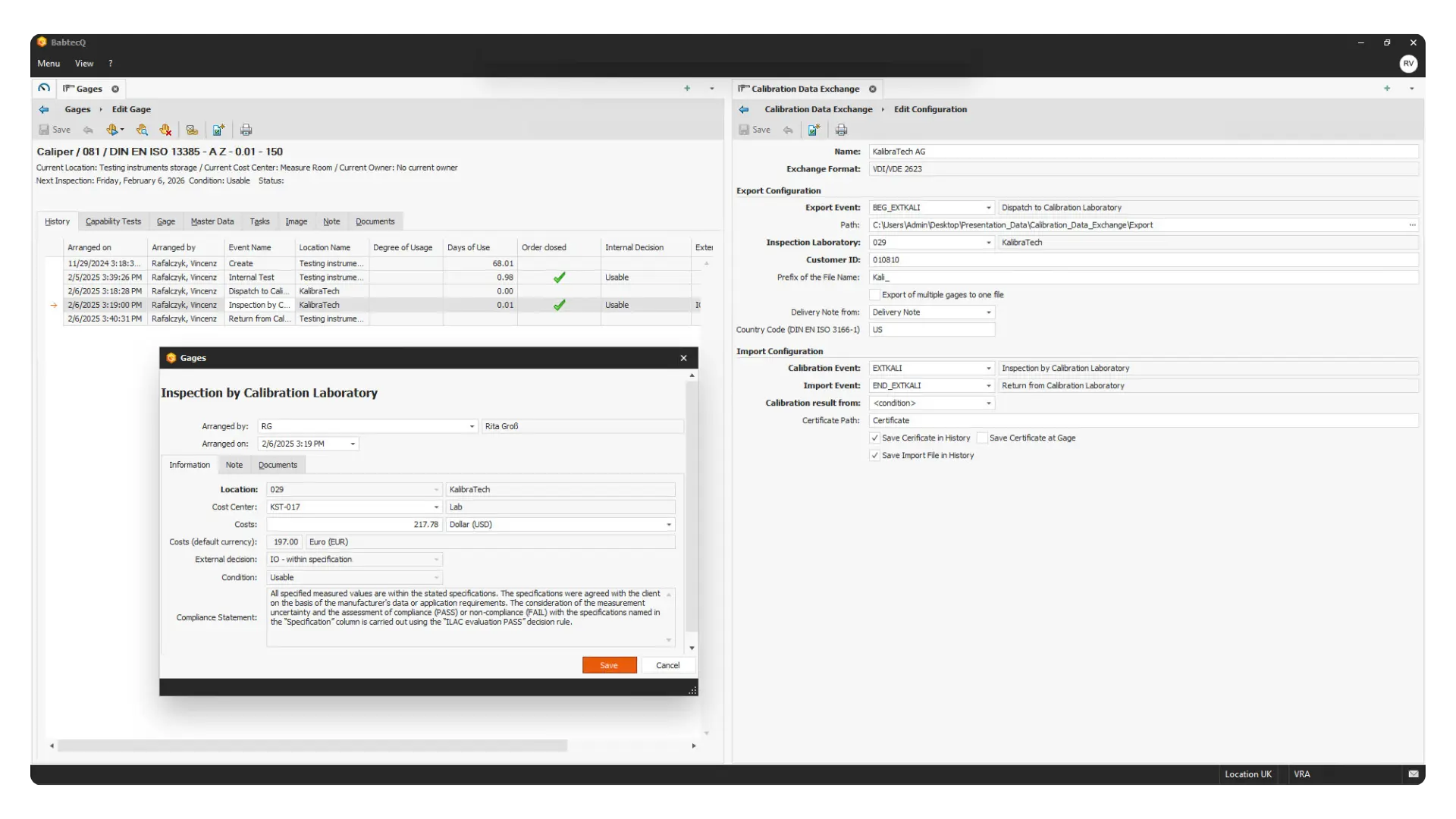 Gage Management in the QM software BabtecQ: Calibration data