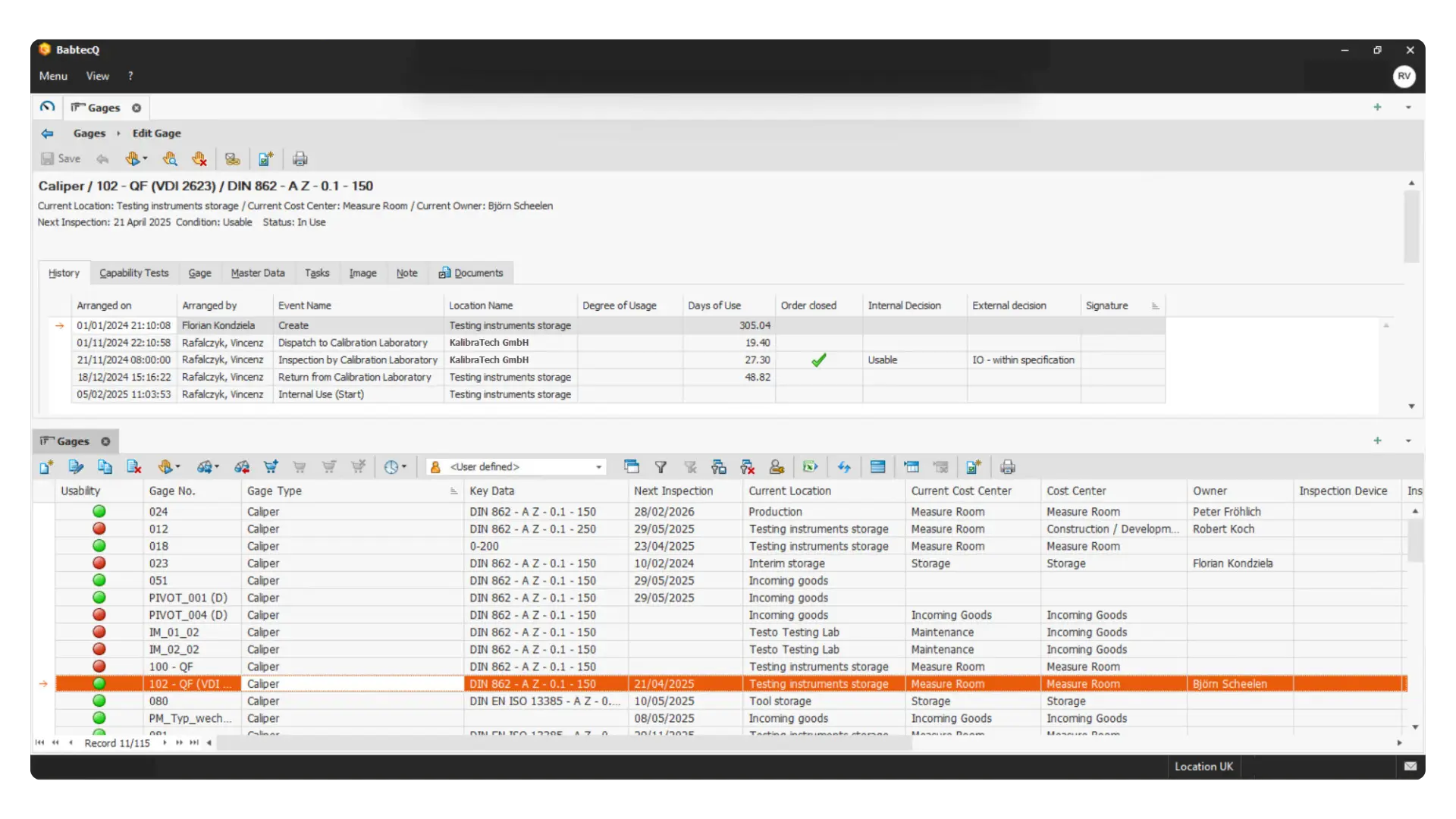 Gage Management in the QM software BabtecQ: Gage history