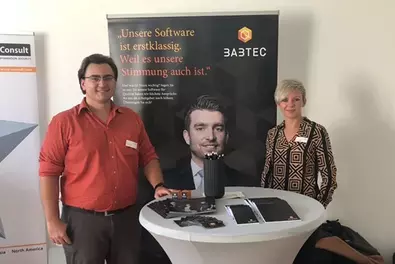 HR on Tour - Albstadt-Sigmaringen University of Applied Sciences Two people standing at the Babtec stand at the career fair