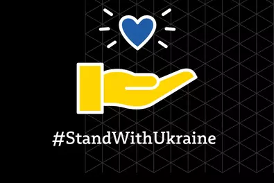 #standwithukraine Ukraine fundraiser from Babtec A yellow hand holds a blue heart, with the hashtag #standwithukraine underneath