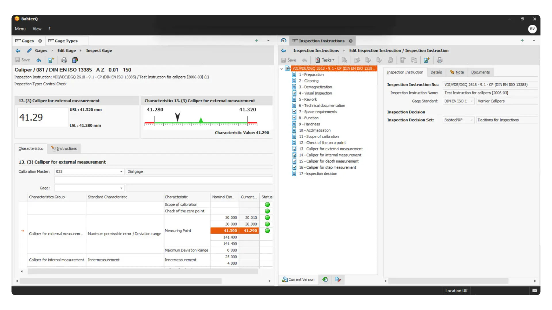 Gage Management in the QM software BabtecQ: Internal Inspection